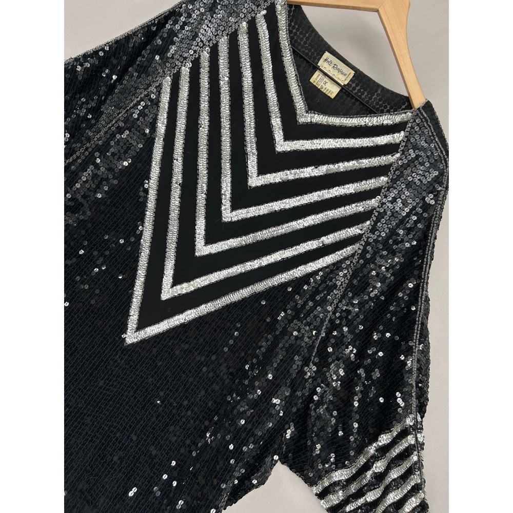 Vintage Holt Renfrew Sequin Silk Top Black Silver Chevron Batwing Womens Medium